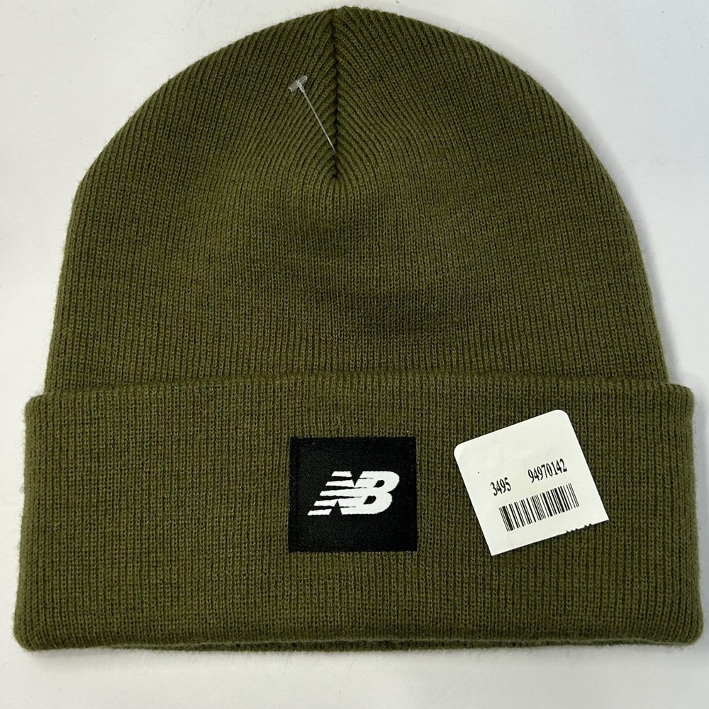 New Balance Olive Green Knit Cuffed Beanie Hat OS One Size Logo Patch New